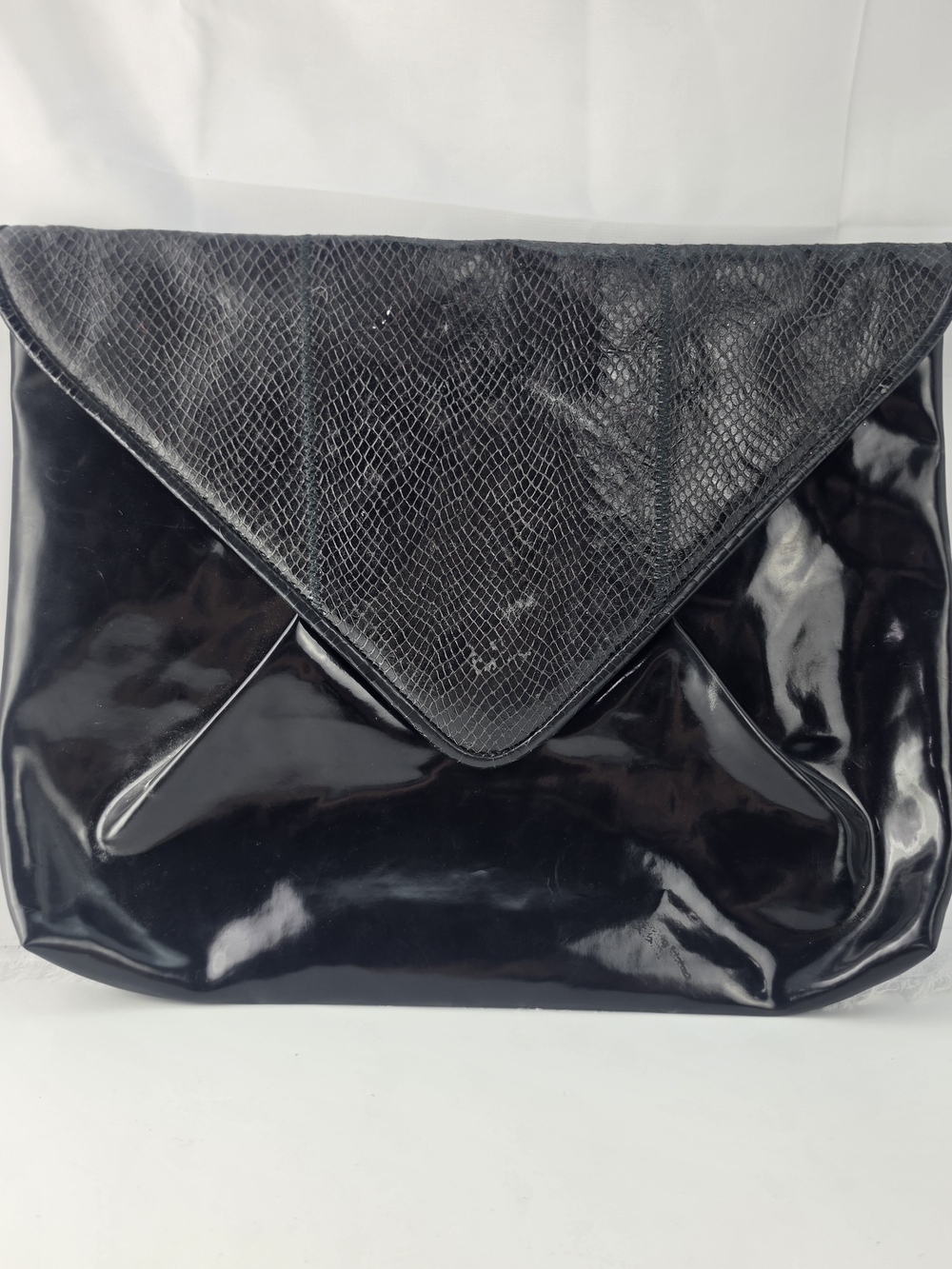 Large Black Vintage 60s Patent Leather Envelope Clutch Bag with Snakeskin Flap